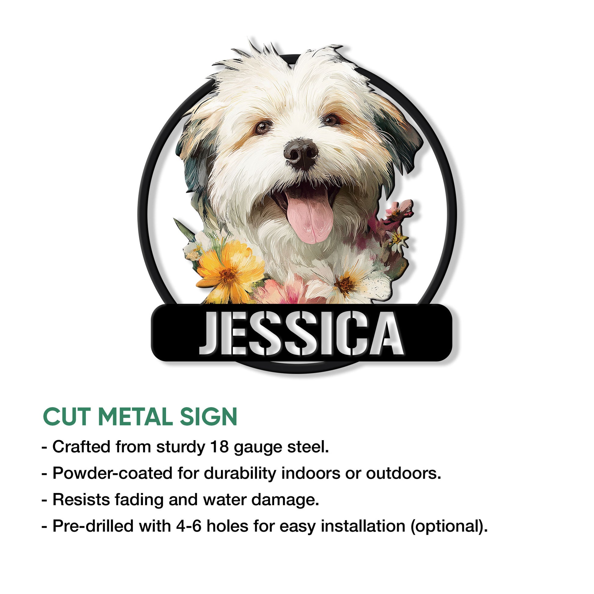 Lhasa Apso metal sign shown with cut-metal sign features and indoor or outdoor use
