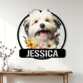 Floral Lhasa Apso metal sign displayed on a bright white paneled entryway wall