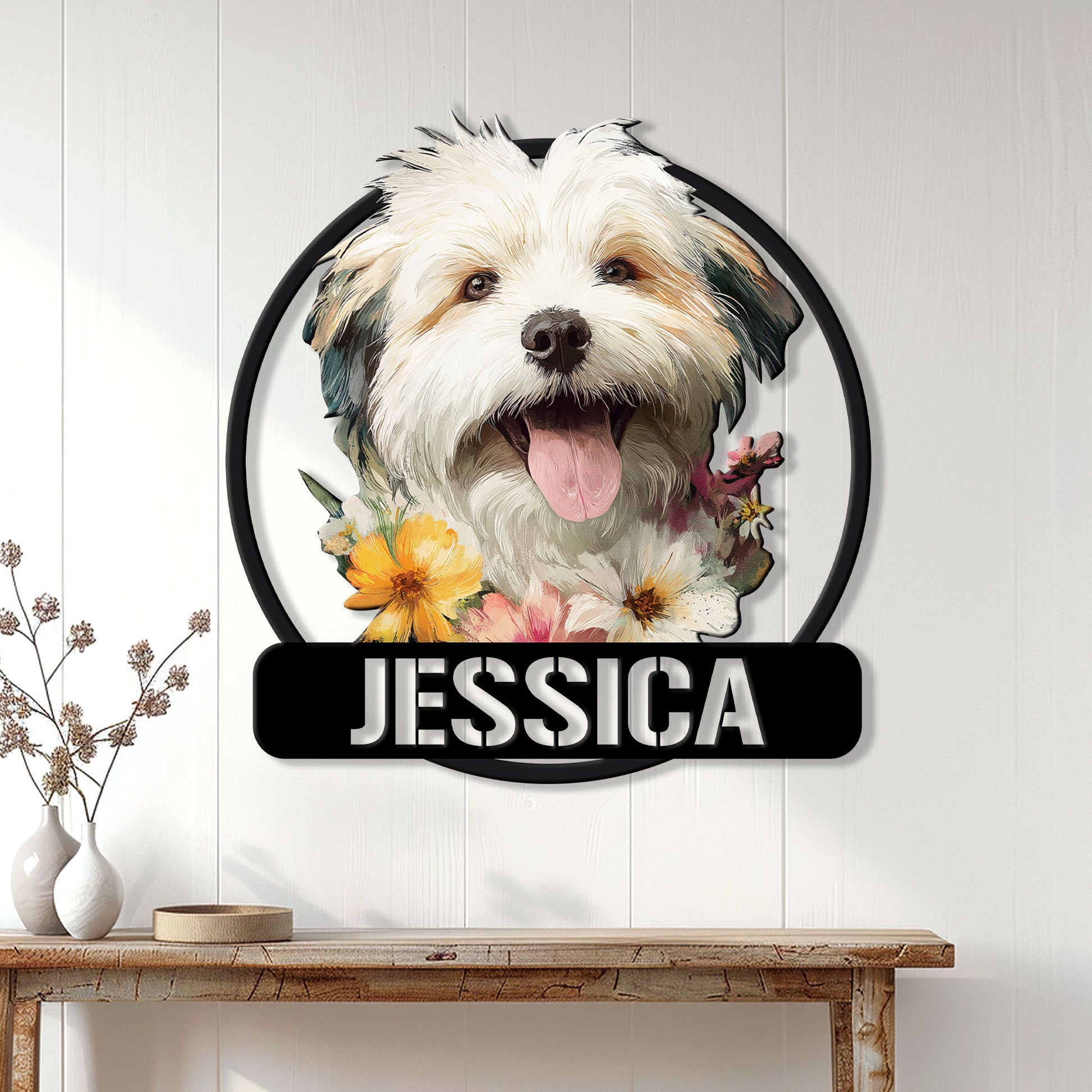 Floral Lhasa Apso metal sign displayed on a bright white paneled entryway wall