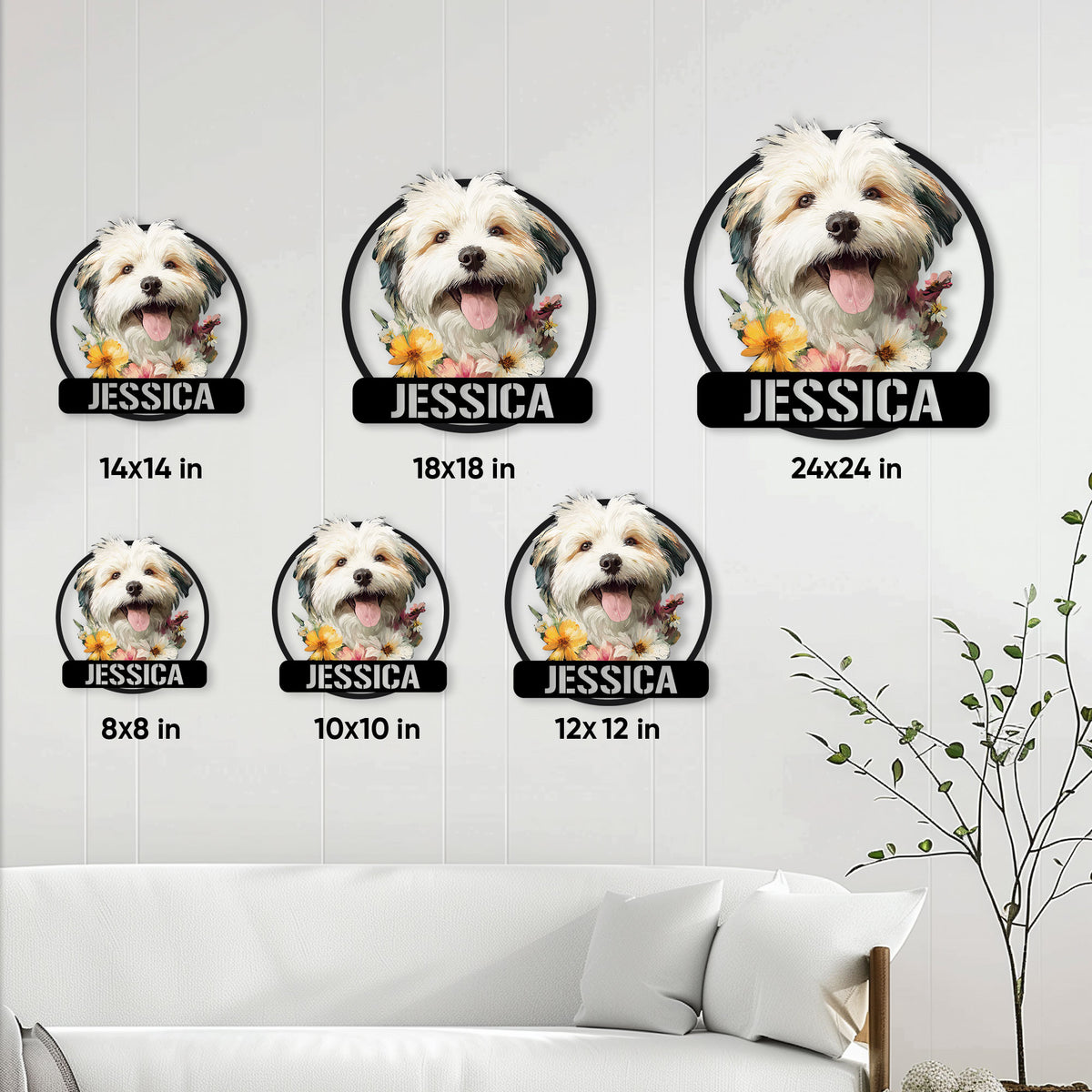 Lhasa Apso metal sign size guide showing six available square dimensions