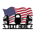 Patriotic gym metal sign featuring an American flag, barbell, dumbbells, and kettlebell