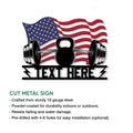 American flag weightlifting metal sign shown with cut-metal sign features and gym artwork