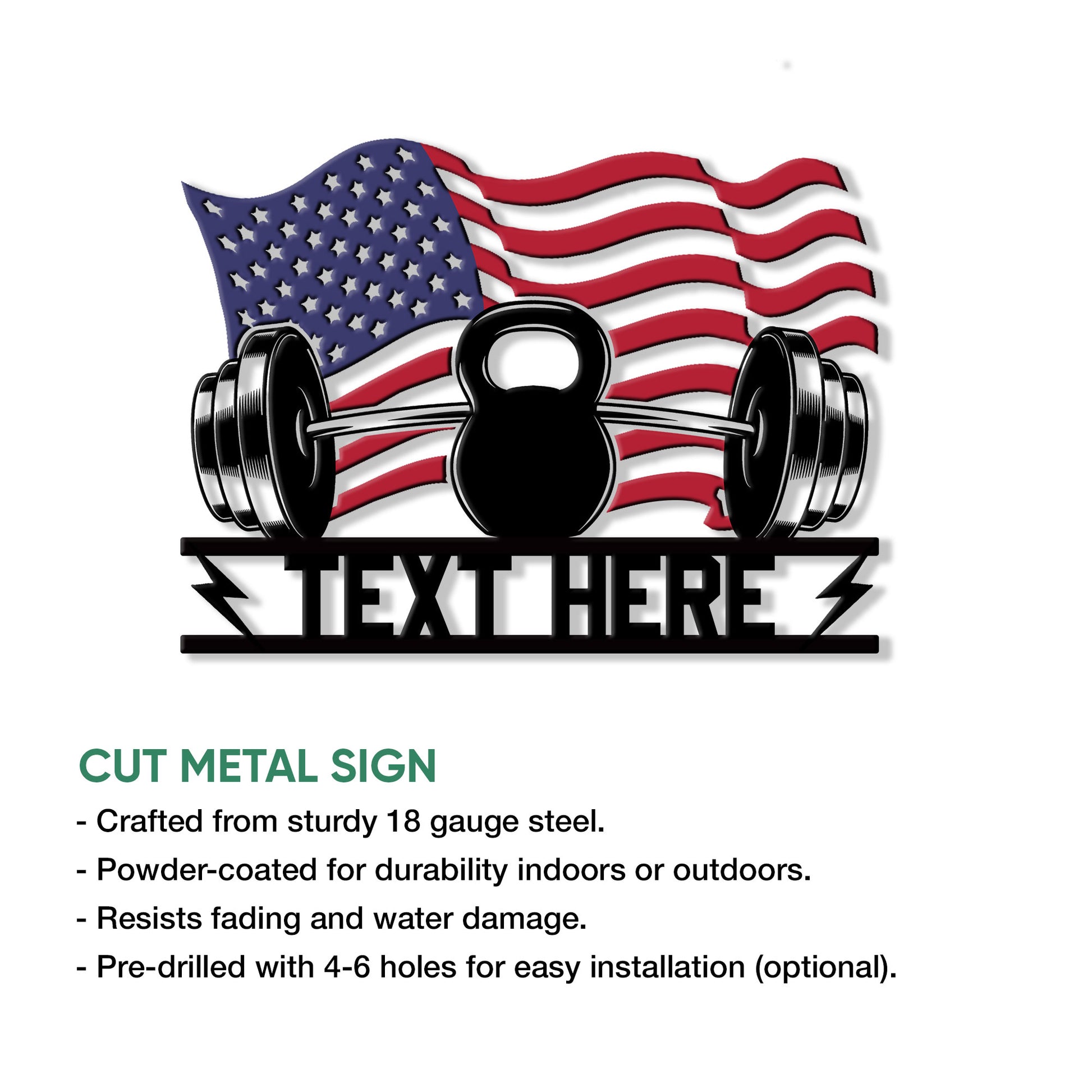 American flag weightlifting metal sign shown with cut-metal sign features and gym artwork