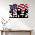 Patriotic weightlifting metal sign displayed on a white paneled wall above a console table