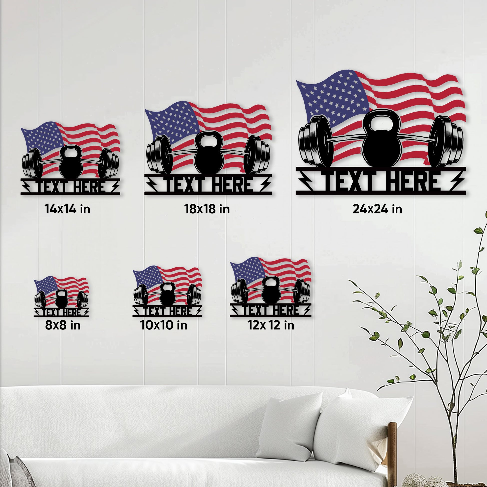 Gym metal sign size guide showing 8, 10, 12, 14, 18, and 24 inch options
