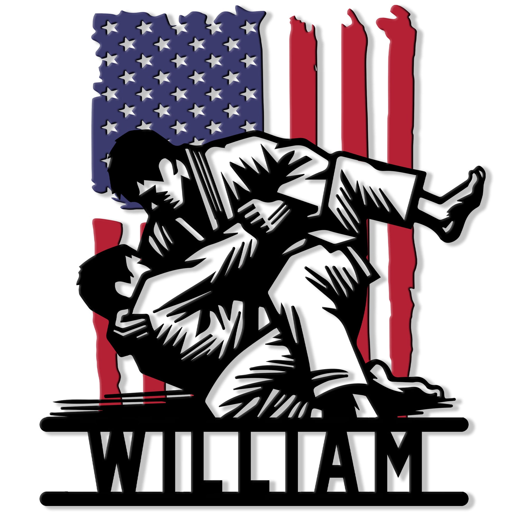 Jiu Jitsu metal sign featuring two grapplers in gis against a bold American flag design