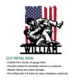 Cut metal Jiu Jitsu sign showcasing two martial artists grappling in front of an American flag