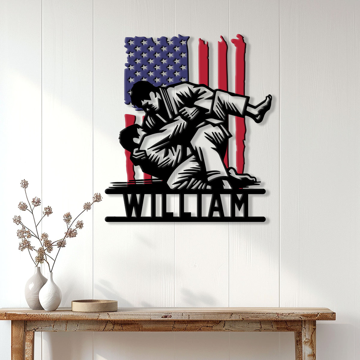 Jiu Jitsu wall sign displayed on a light paneled wall as patriotic martial arts decor