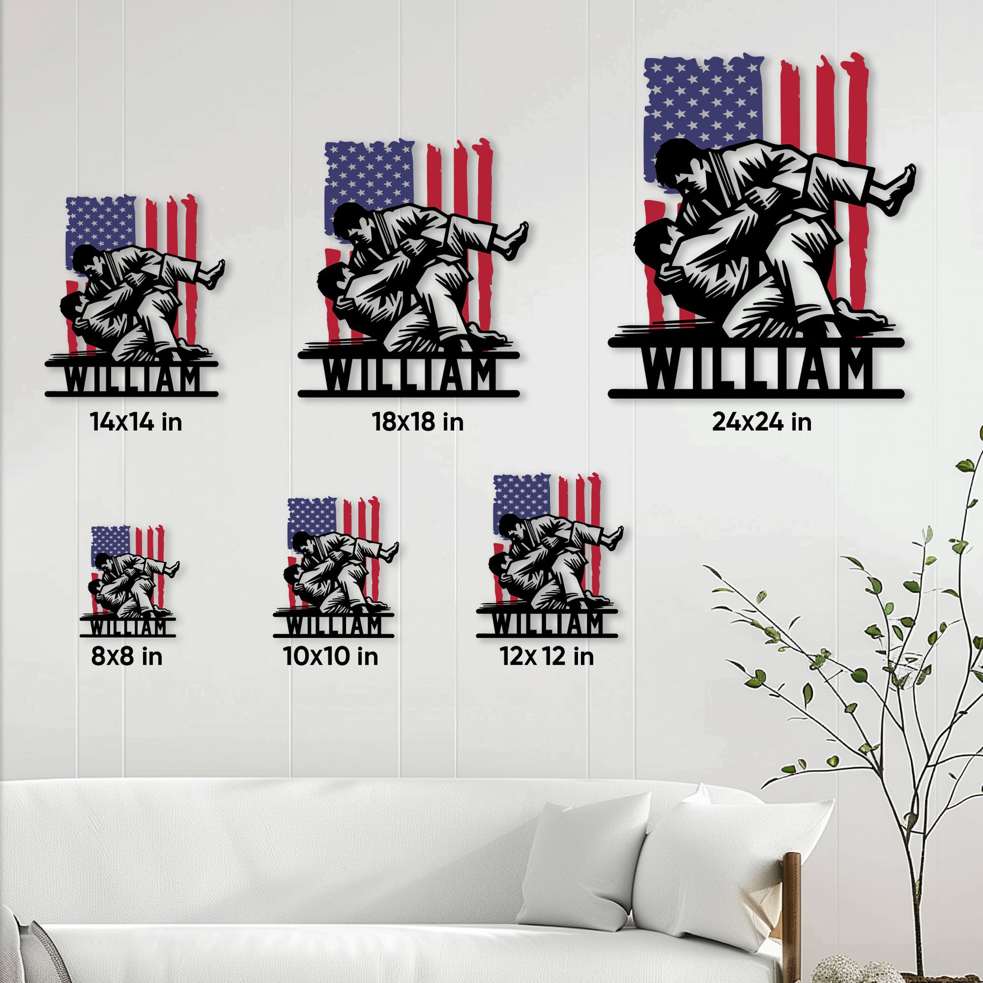 Jiu Jitsu metal sign size guide showing available square sizes from 8 by 8 to 24 by 24 inches