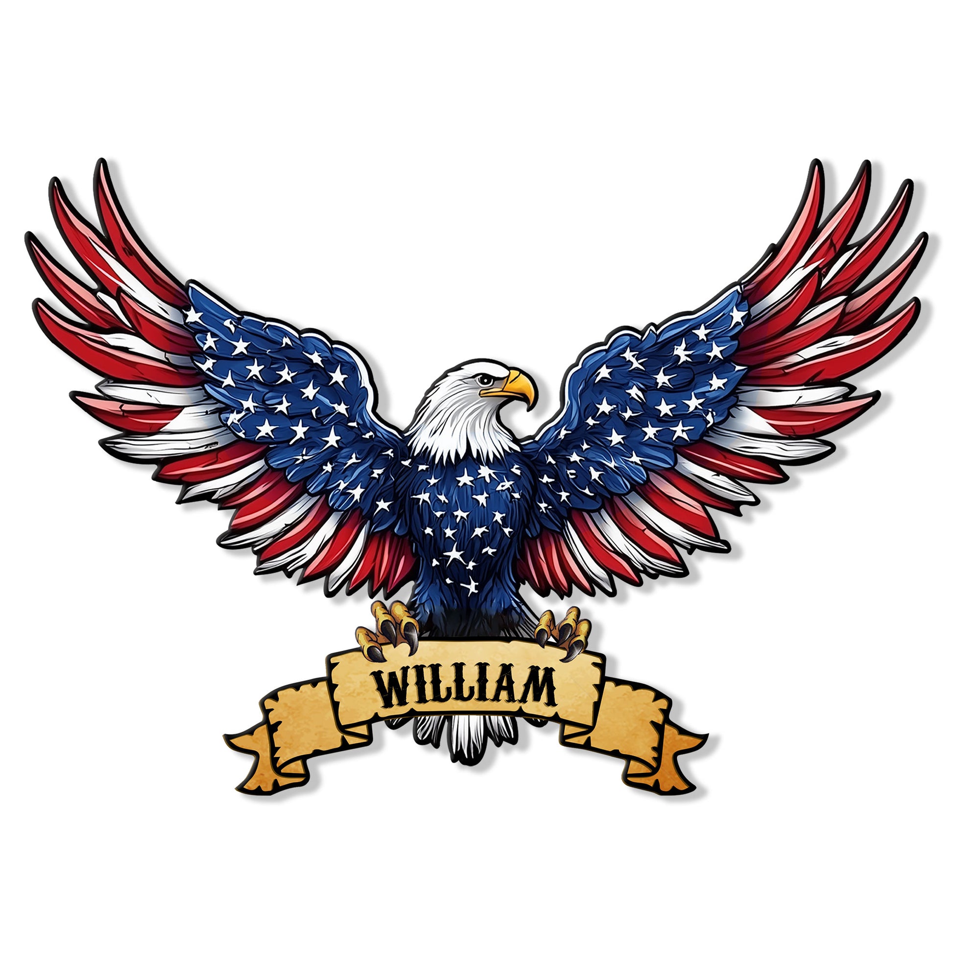 Patriotic eagle metal sign with spread wings, stars, stripes, and a custom banner