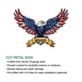 Patriotic eagle metal sign shown with cut steel sign features and installation details