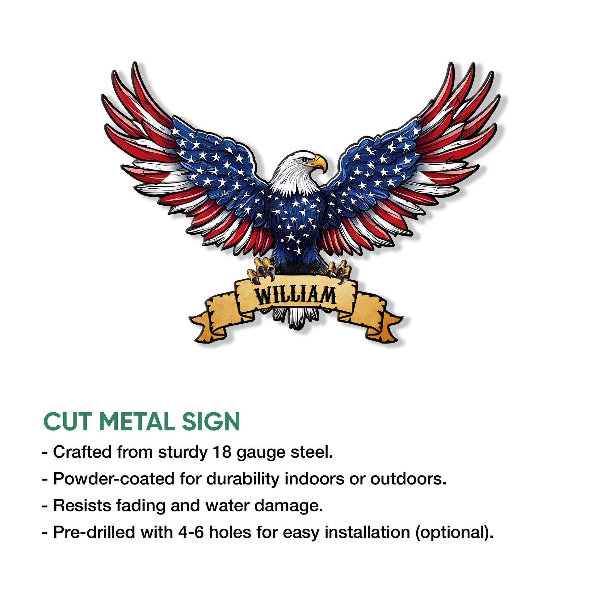 Patriotic eagle metal sign shown with cut steel sign features and installation details