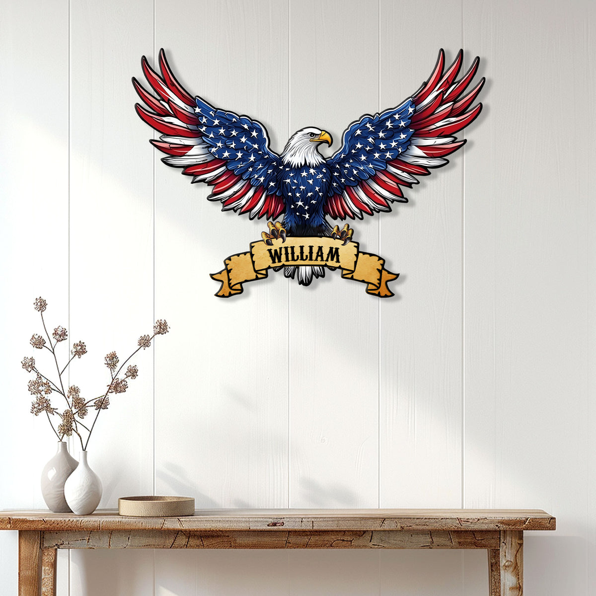 American eagle wall sign displayed above a console table in a bright entryway