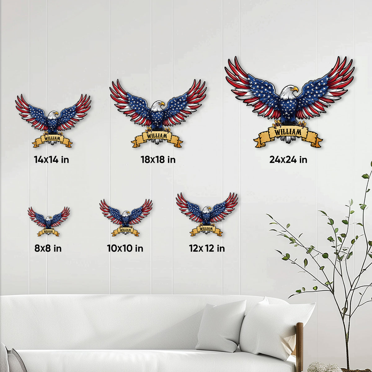 Patriotic eagle metal sign size guide showing available square dimensions