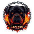 Custom Rottweiler metal sign featuring a fierce black dog portrait, fiery accents, chain border, and spiked collar