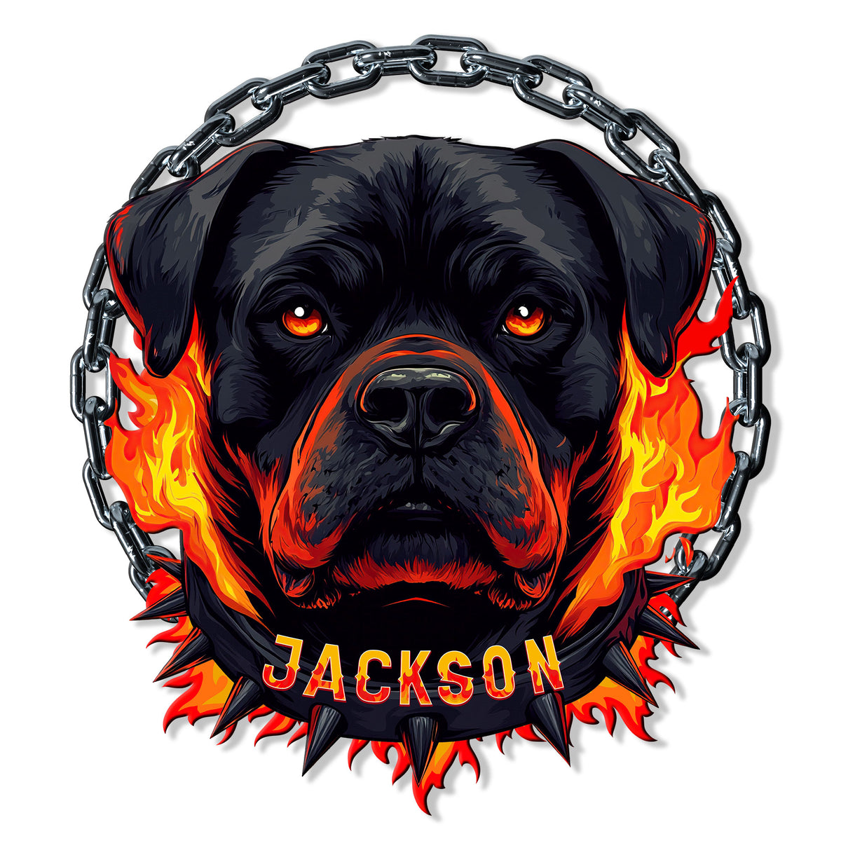 Custom Rottweiler metal sign featuring a fierce black dog portrait, fiery accents, chain border, and spiked collar