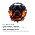Rottweiler metal sign product feature showing the fiery dog artwork and cut metal sign presentation