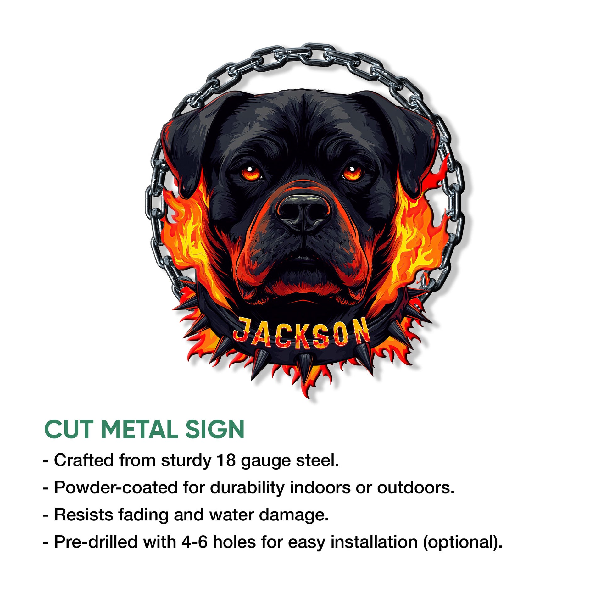 Rottweiler metal sign product feature showing the fiery dog artwork and cut metal sign presentation