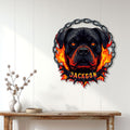 Rottweiler wall decor displayed on a light wood-paneled wall above a console table
