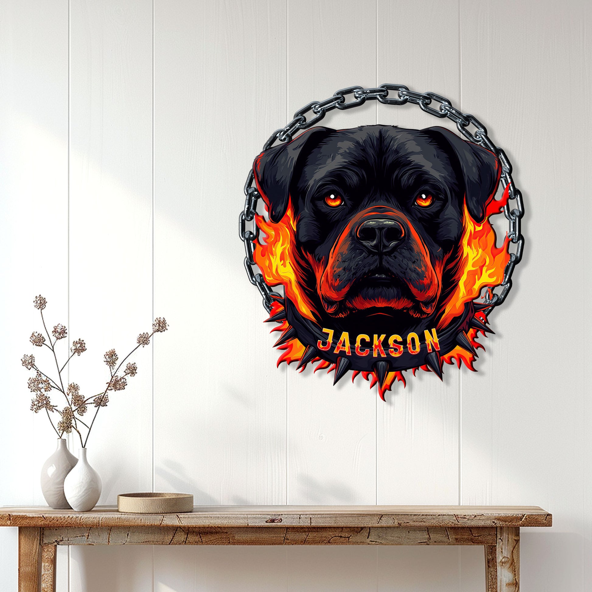 Rottweiler wall decor displayed on a light wood-paneled wall above a console table