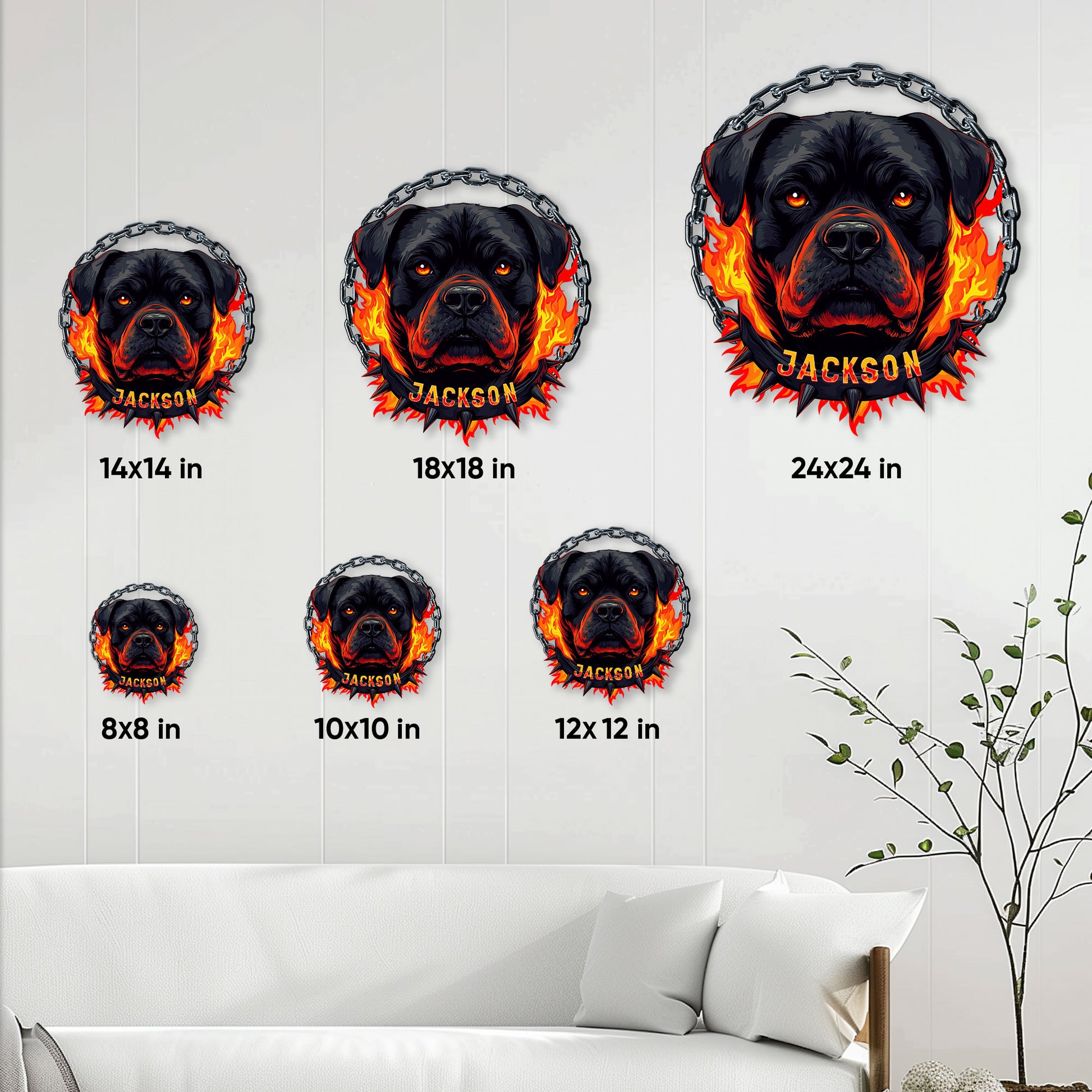 Rottweiler metal sign size guide showing six available square sizes from 8x8 to 24x24 inches