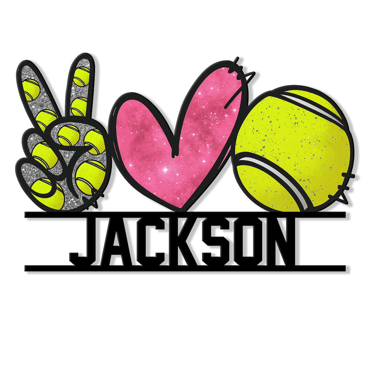 Tennis metal sign featuring a peace hand, pink heart, and bright tennis ball in a bold colorful design