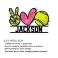 Tennis wall sign shown with a cut metal design and colorful peace, heart, and tennis ball artwork