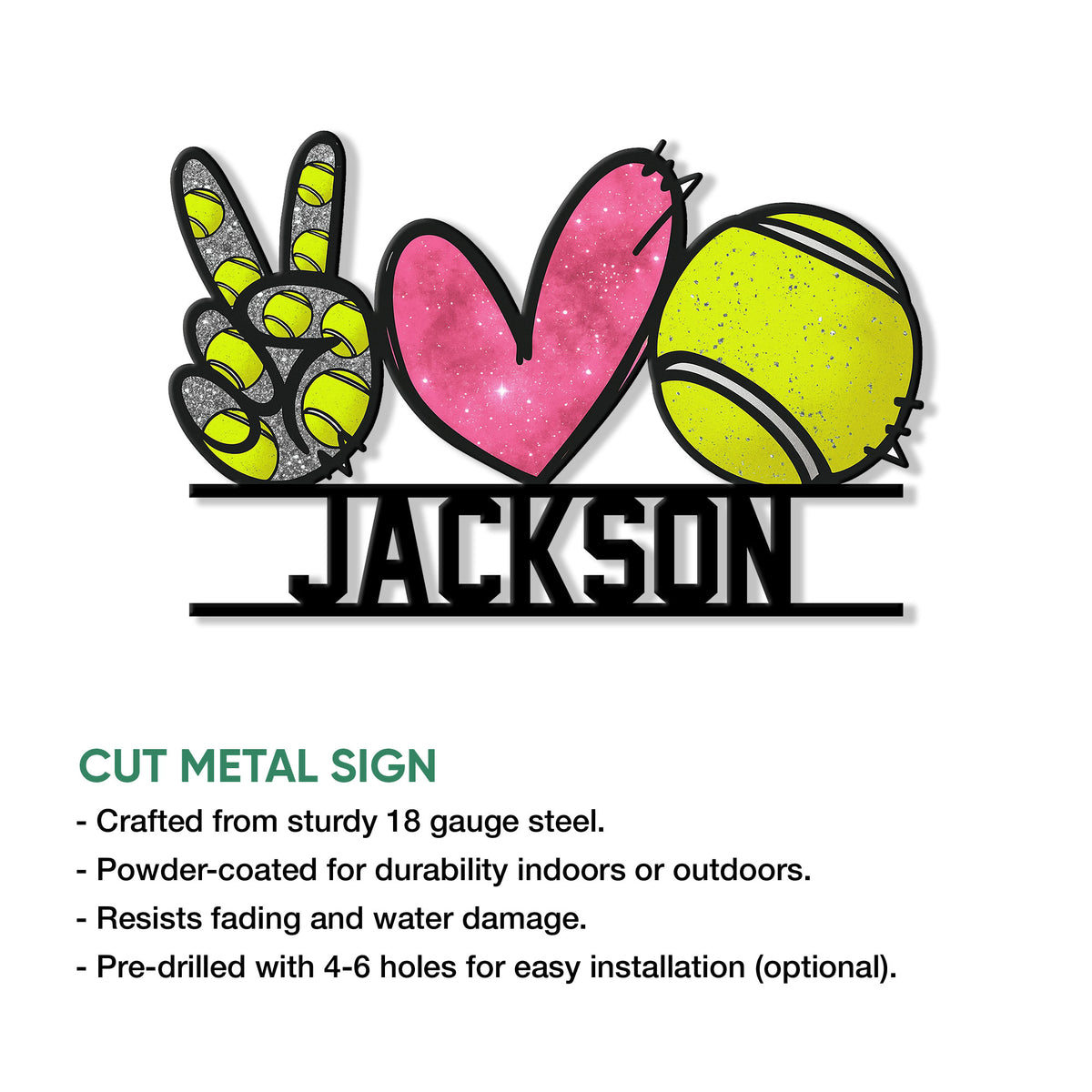 Tennis wall sign shown with a cut metal design and colorful peace, heart, and tennis ball artwork