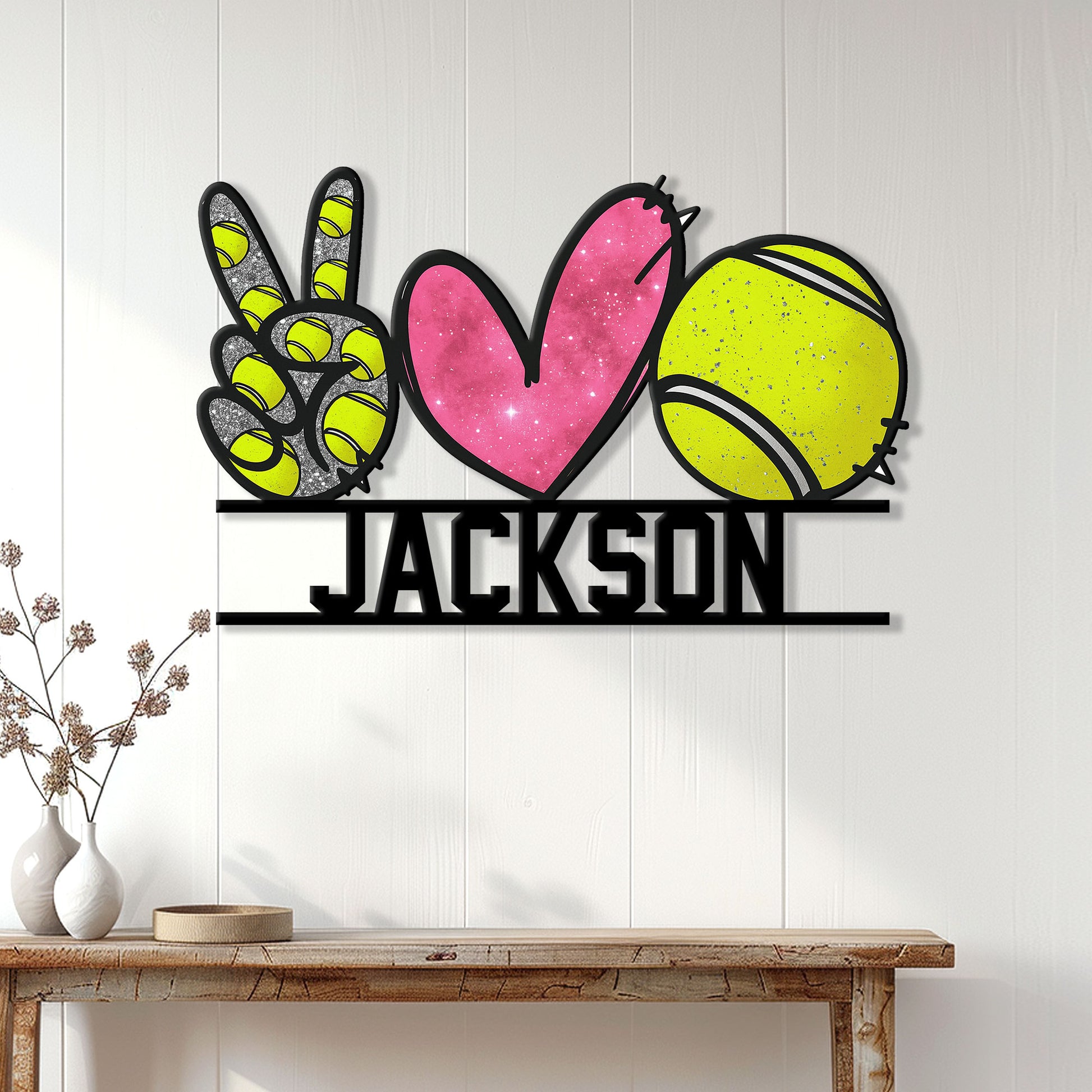 Colorful tennis metal sign displayed on a light paneled wall above a wooden console table