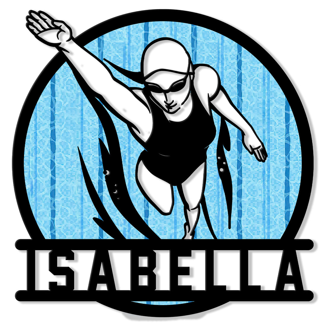 Custom swimmer metal sign featuring a female diver in goggles against a bright blue pool background