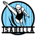 Custom swimmer metal sign featuring a female diver in goggles against a bright blue pool background