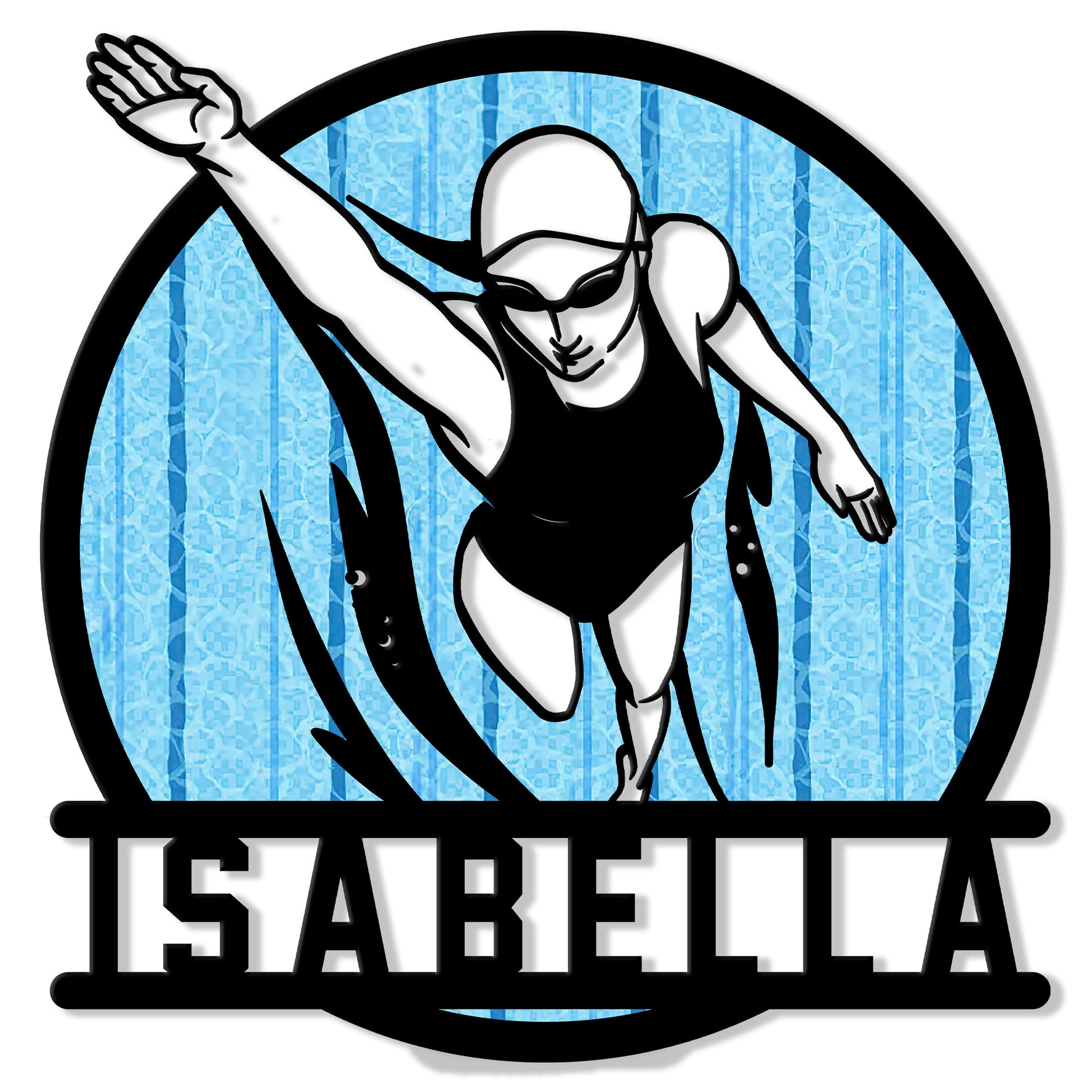 Custom swimmer metal sign featuring a female diver in goggles against a bright blue pool background