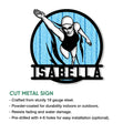 Swimmer metal sign product graphic showing a female pool diver and cut metal sign details
