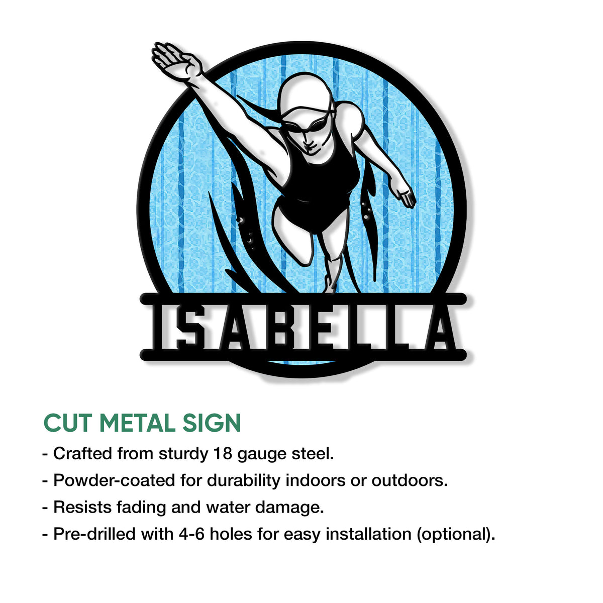 Swimmer metal sign product graphic showing a female pool diver and cut metal sign details