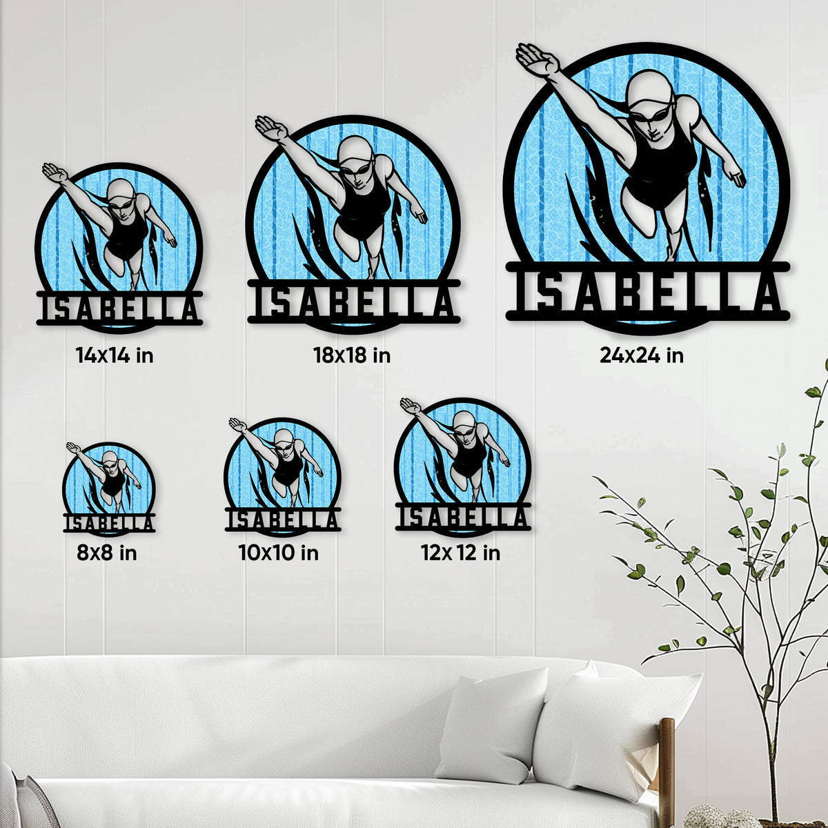 Swimming metal sign size guide showing multiple available square sign sizes on a wall