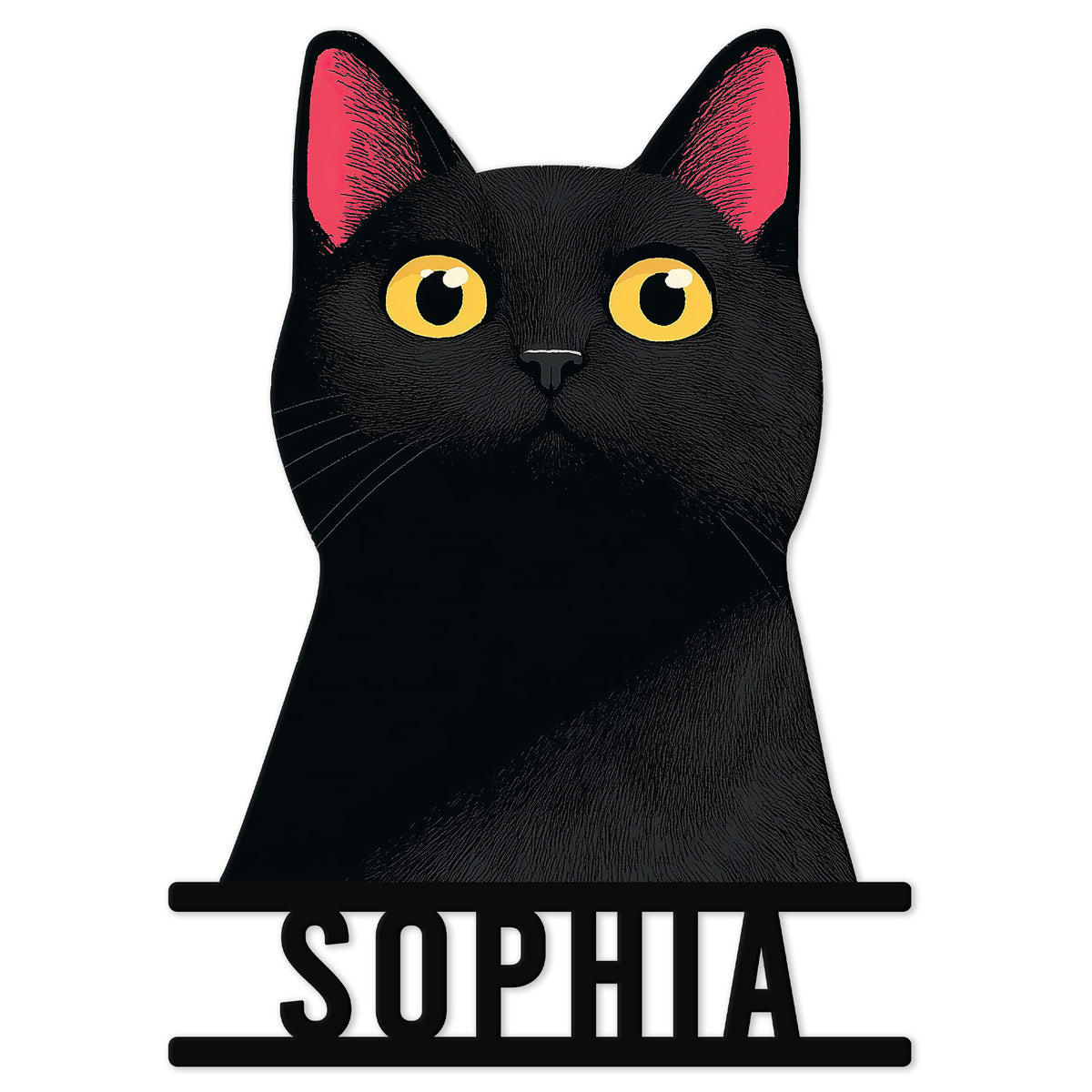Close-up black cat metal sign with bright yellow eyes, pink ears, and a bold silhouette design