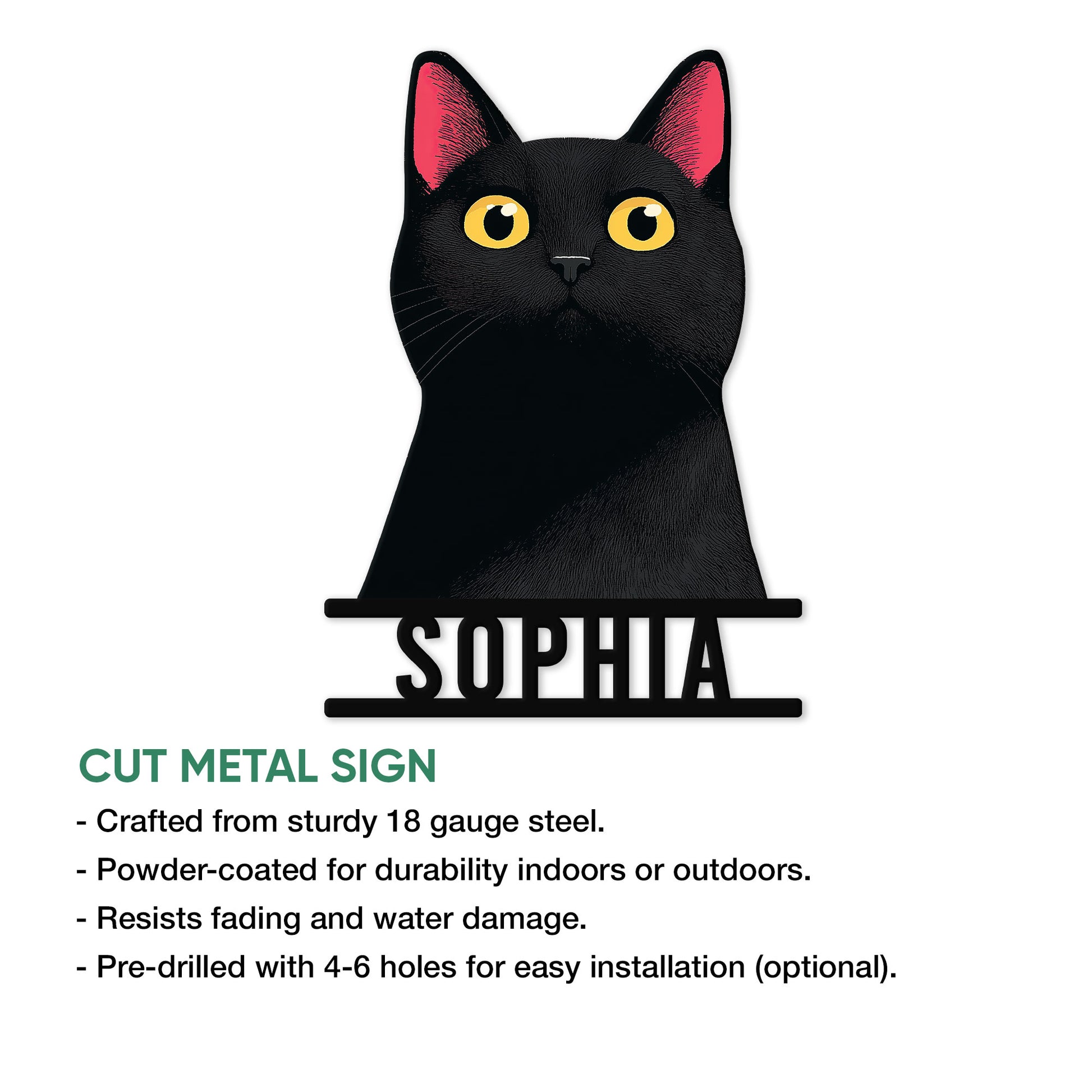 Black cat cut metal sign feature graphic showing the cat silhouette and product construction details