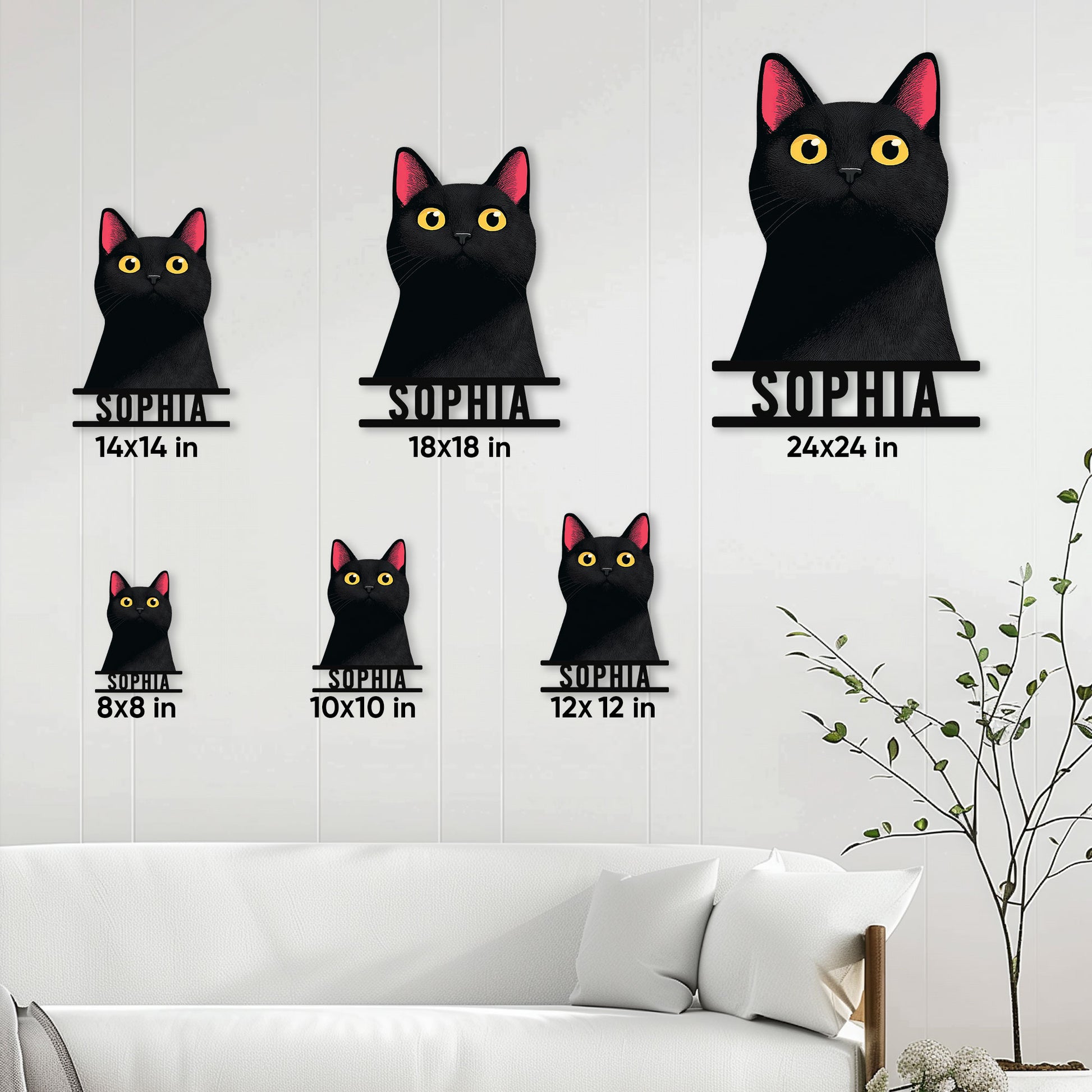 Black cat metal sign size guide showing available square dimensions from 8 by 8 to 24 by 24 inches