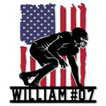 Custom football metal sign featuring a black running player silhouette against a distressed American flag