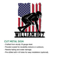 Football player silhouette metal sign shown with cut-metal sign features and installation details