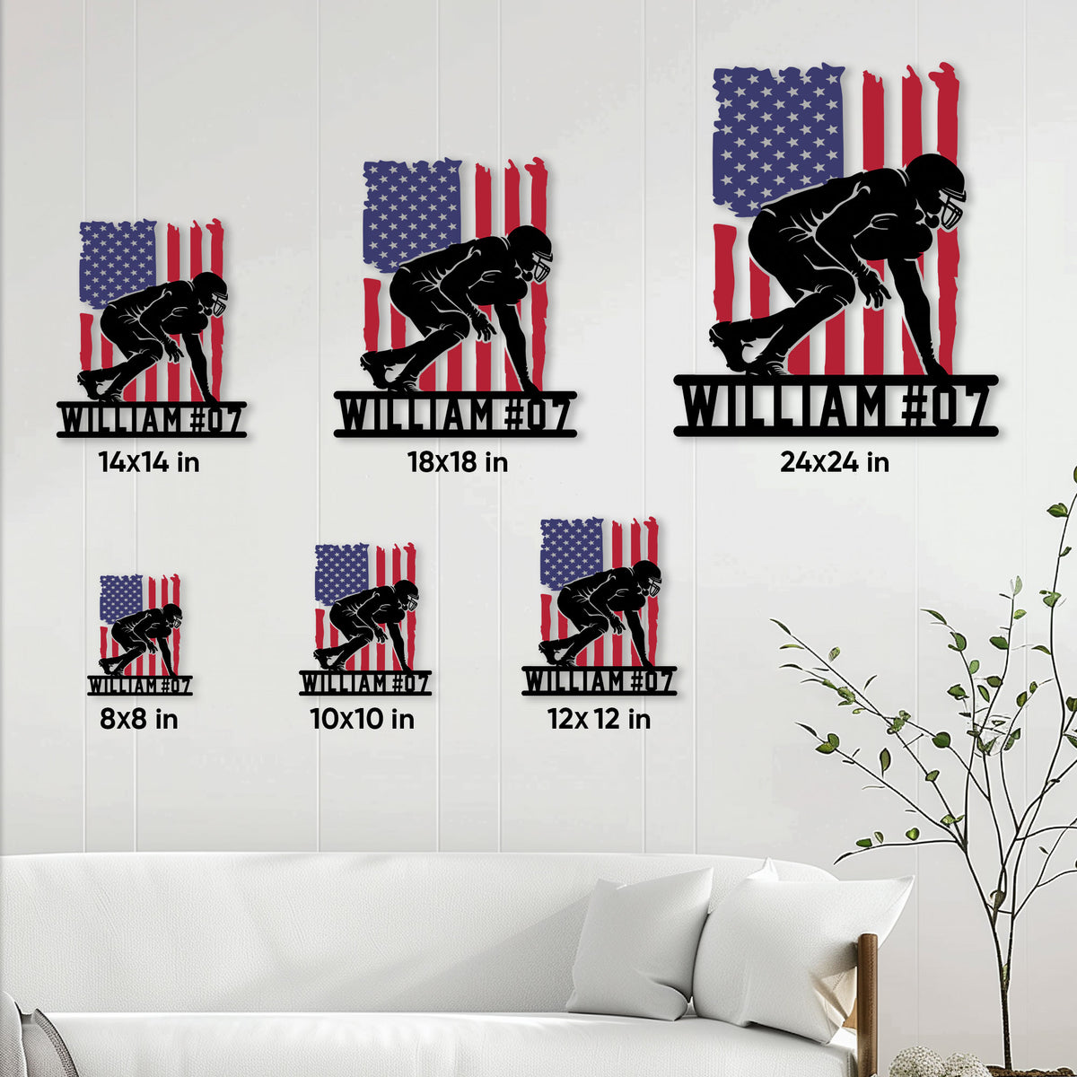 Football metal sign size guide showing available square sizes from 8 by 8 to 24 by 24 inches