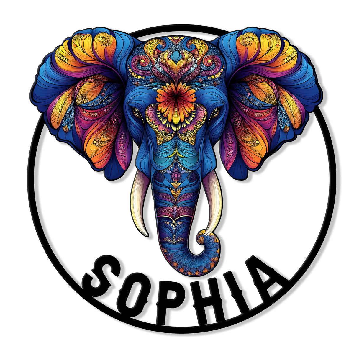 Colorful elephant head metal sign with ornate floral and paisley patterns inside a circular wall decor design