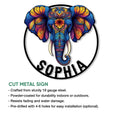Vibrant elephant metal sign feature graphic showing the ornate circular artwork and product construction details