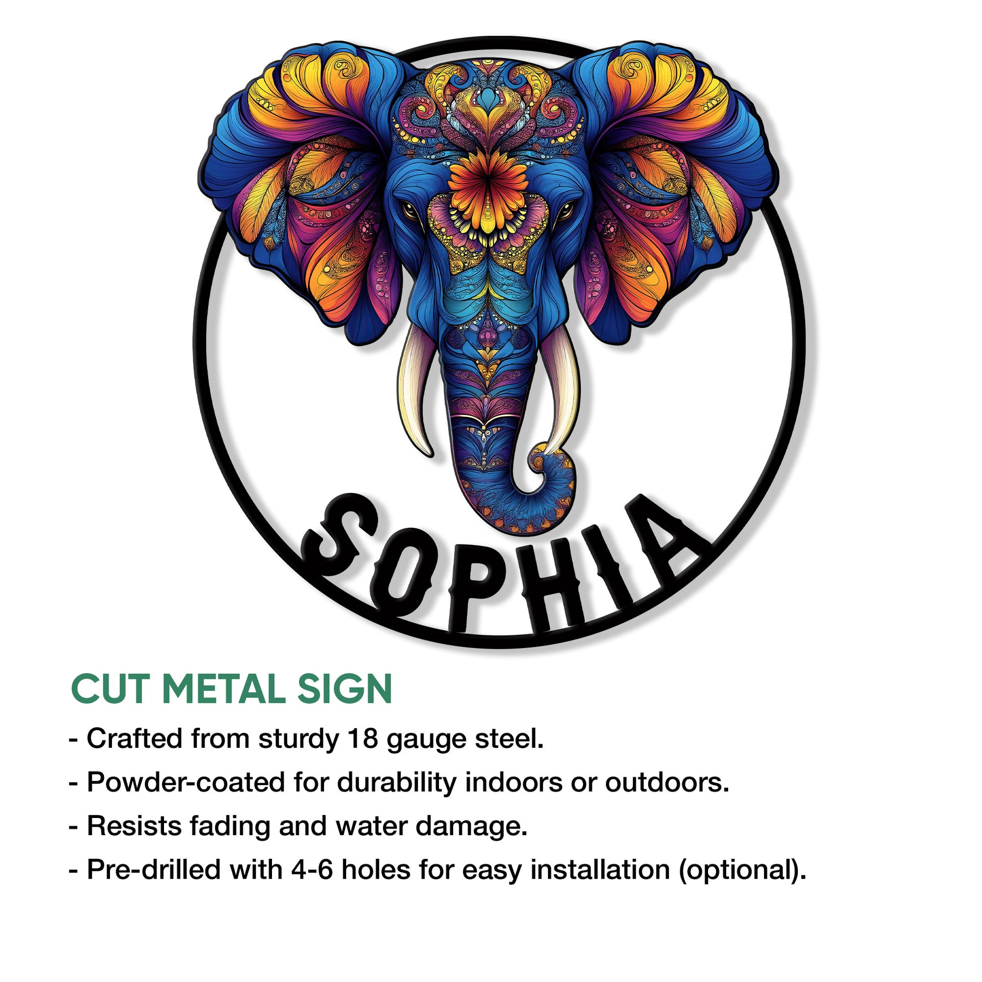 Vibrant elephant metal sign feature graphic showing the ornate circular artwork and product construction details