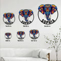 Elephant metal sign size guide showing circular designs in sizes from 8x8 to 24x24 inches