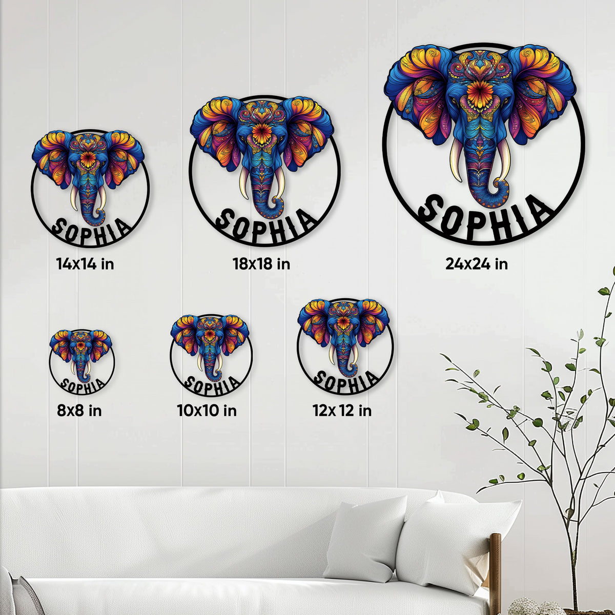 Elephant metal sign size guide showing circular designs in sizes from 8x8 to 24x24 inches