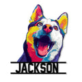 Colorful pop art Husky portrait metal sign with bold geometric lettering and a joyful expression