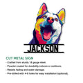 Colorful Husky metal sign shown in a product feature graphic for indoor or outdoor display