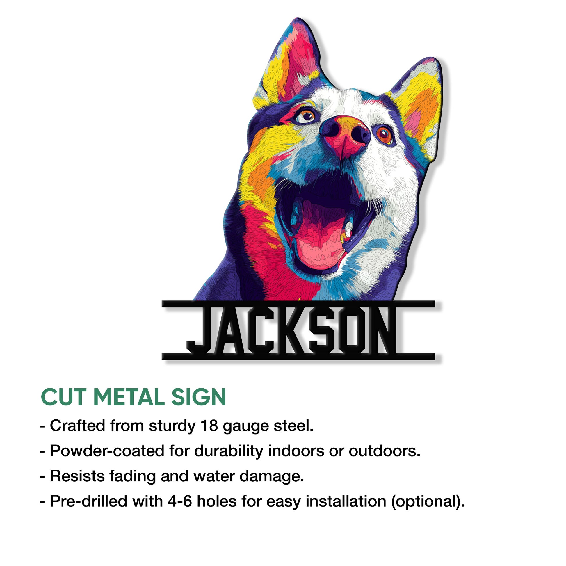 Colorful Husky metal sign shown in a product feature graphic for indoor or outdoor display