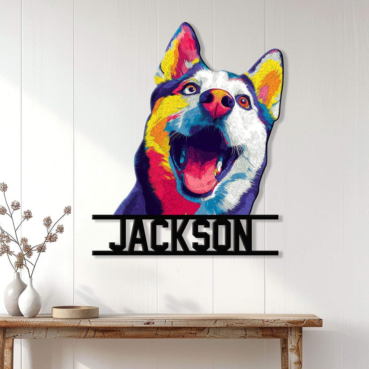 Colorful Husky portrait metal wall sign displayed on a bright white paneled wall above a console table